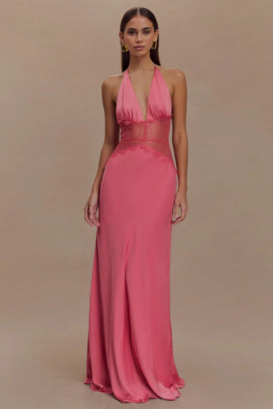 Satin Halter Deep V-Neck Lace Waist Panel Maxi Gown