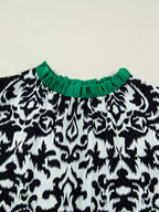 Damask Print Ruffled Color Block Detail Half Sleeve Blouse