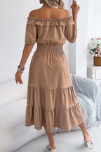 Stylish Off-shoulder Short-sleeved Pleated Waist Casual Midi Dress