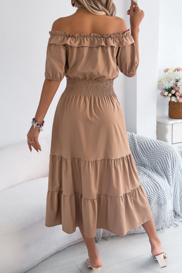 Stylish Off-shoulder Short-sleeved Pleated Waist Casual Midi Dress