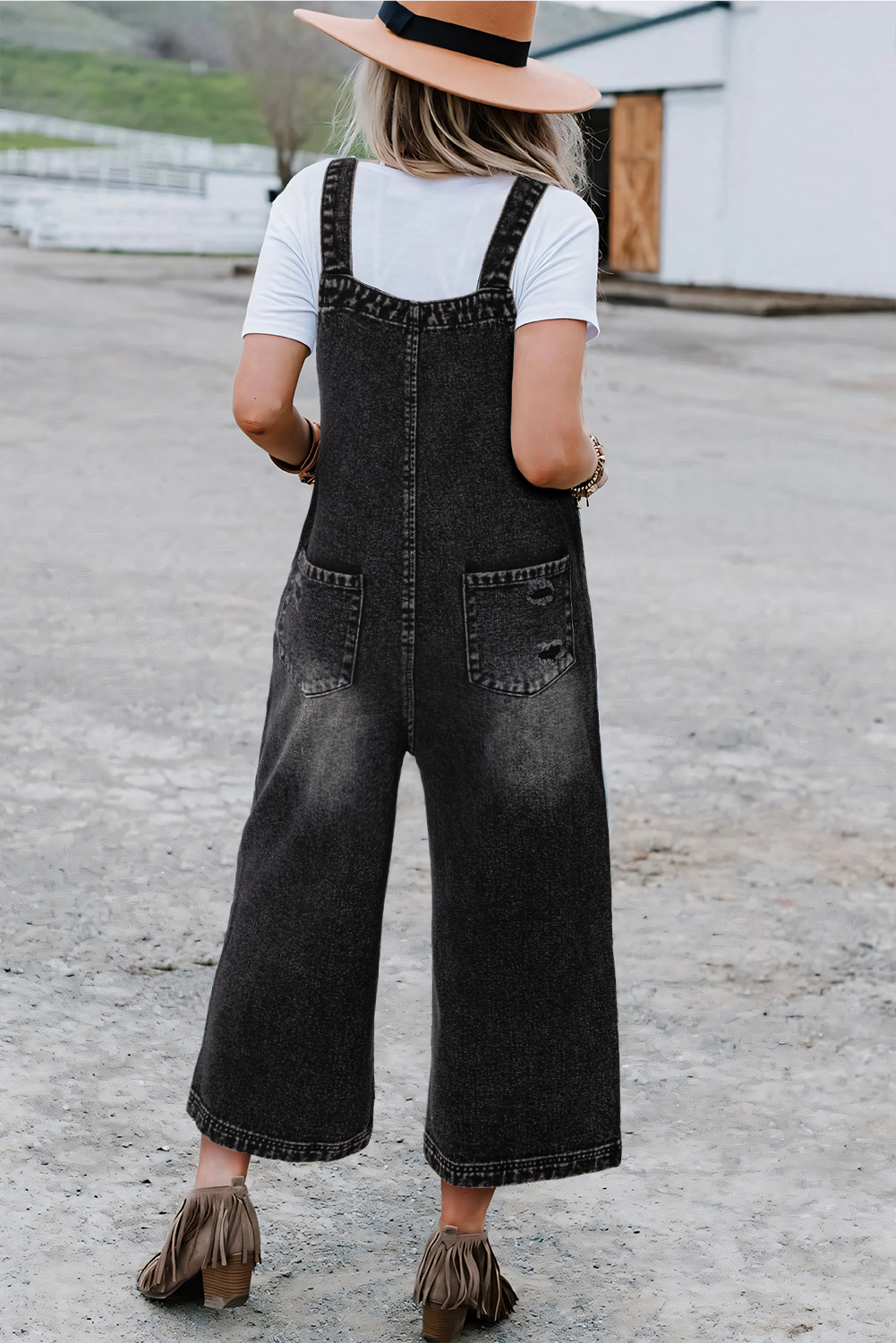 Blue Zone Planet | Stone Blue Distressed Bib Pocket Wide Leg Denim Overall