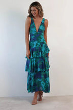 Deep V Neck Tiered Ruffle Watercolor Floral Print Maxi Dress