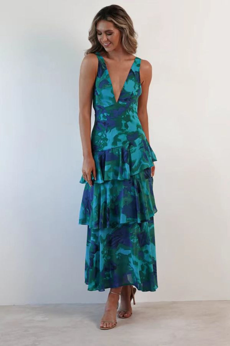 Deep V Neck Tiered Ruffle Watercolor Floral Print Maxi Dress