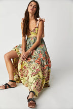 Smocked Sweetheart Bow Shoulder Strap Patchwork Floral Tiered Maxi Dress