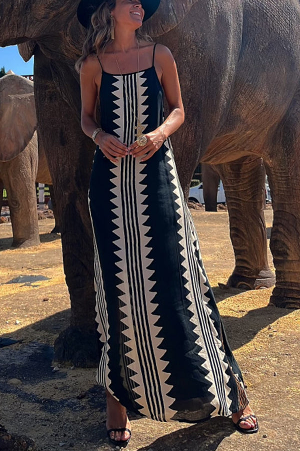 Geometric Tribal Print Square Neck Spaghetti Strap Maxi Dress