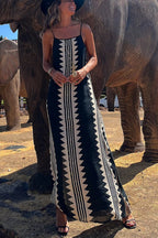 Geometric Tribal Print Square Neck Spaghetti Strap Maxi Dress