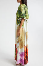 Asymmetrical Neck Puff Sleeve Oversized Floral Print Maxi Dress