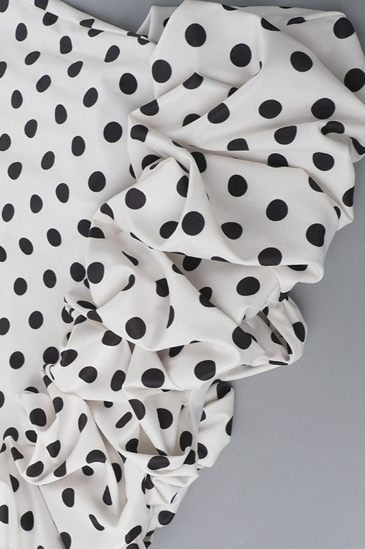 White Spaghetti Strap Sweetheart Neck Polka Dot Ruffle Hem Midi Dress