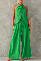 Gette Linen Blend Slit Front Top and High Rise Knoted Pocket Wide Leg Pants Set