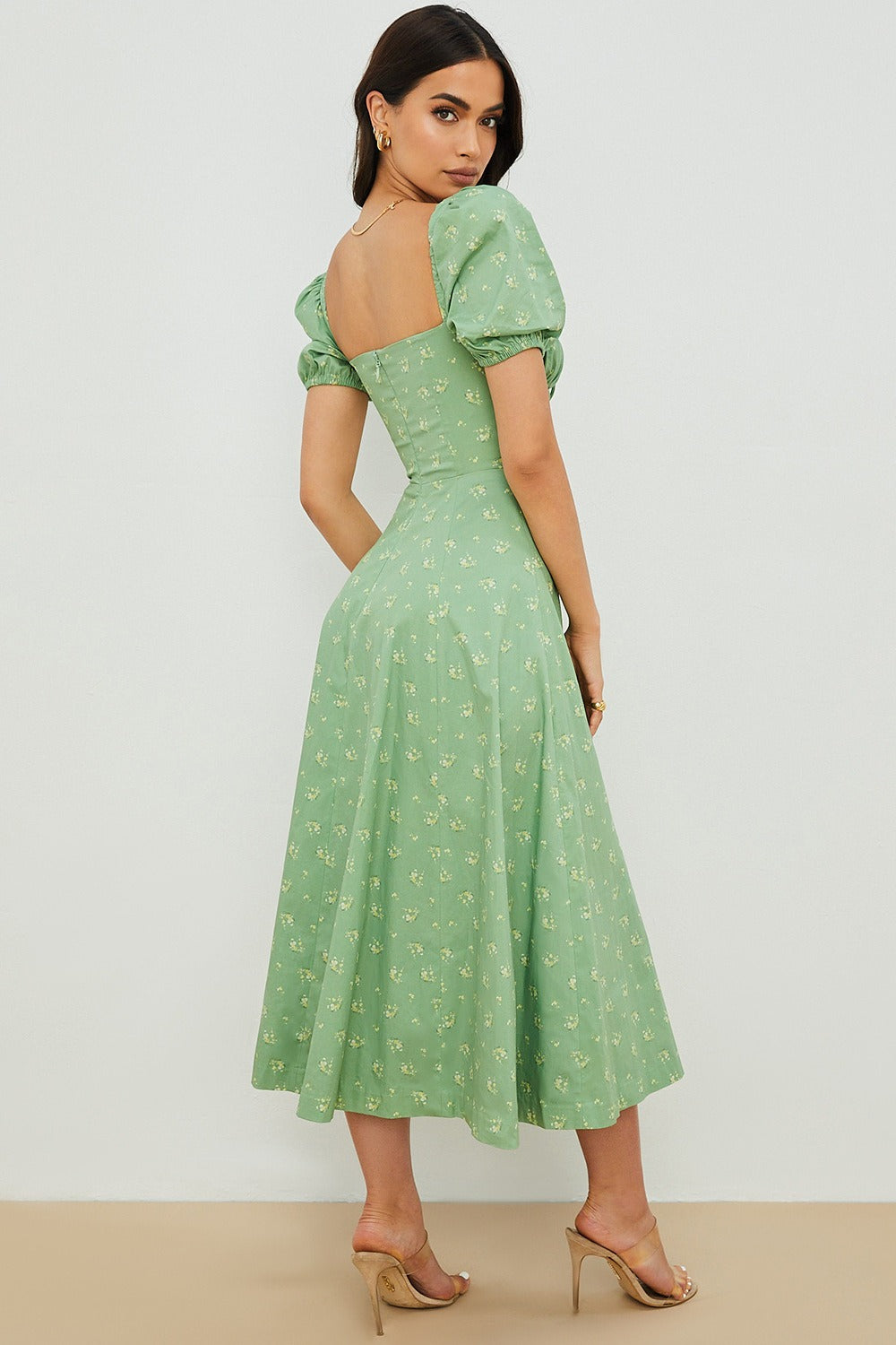 Floral Square Neck Puff Sleeve Ruched Tie Bust High Split Midi Dress