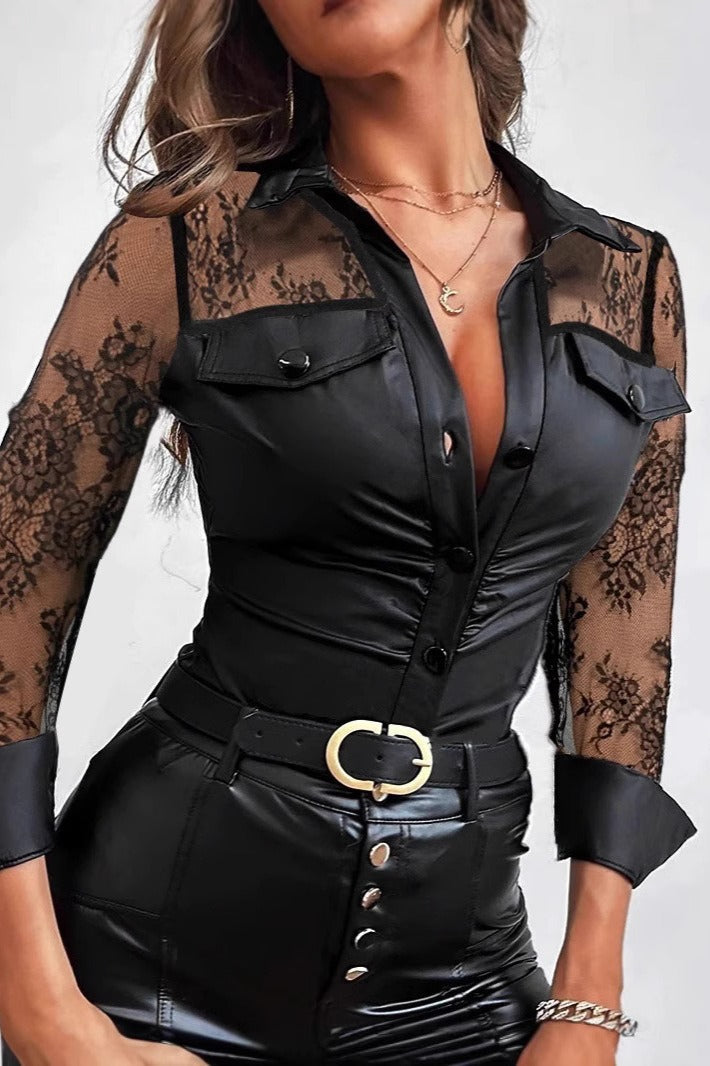 Lace Leather Panel Sheer Sexy Long Sleeve Chic Blouse