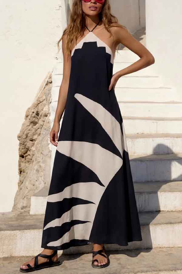 Stylish Color-blocked Print Halter Neck Backless Casual Vacation Maxi Dress