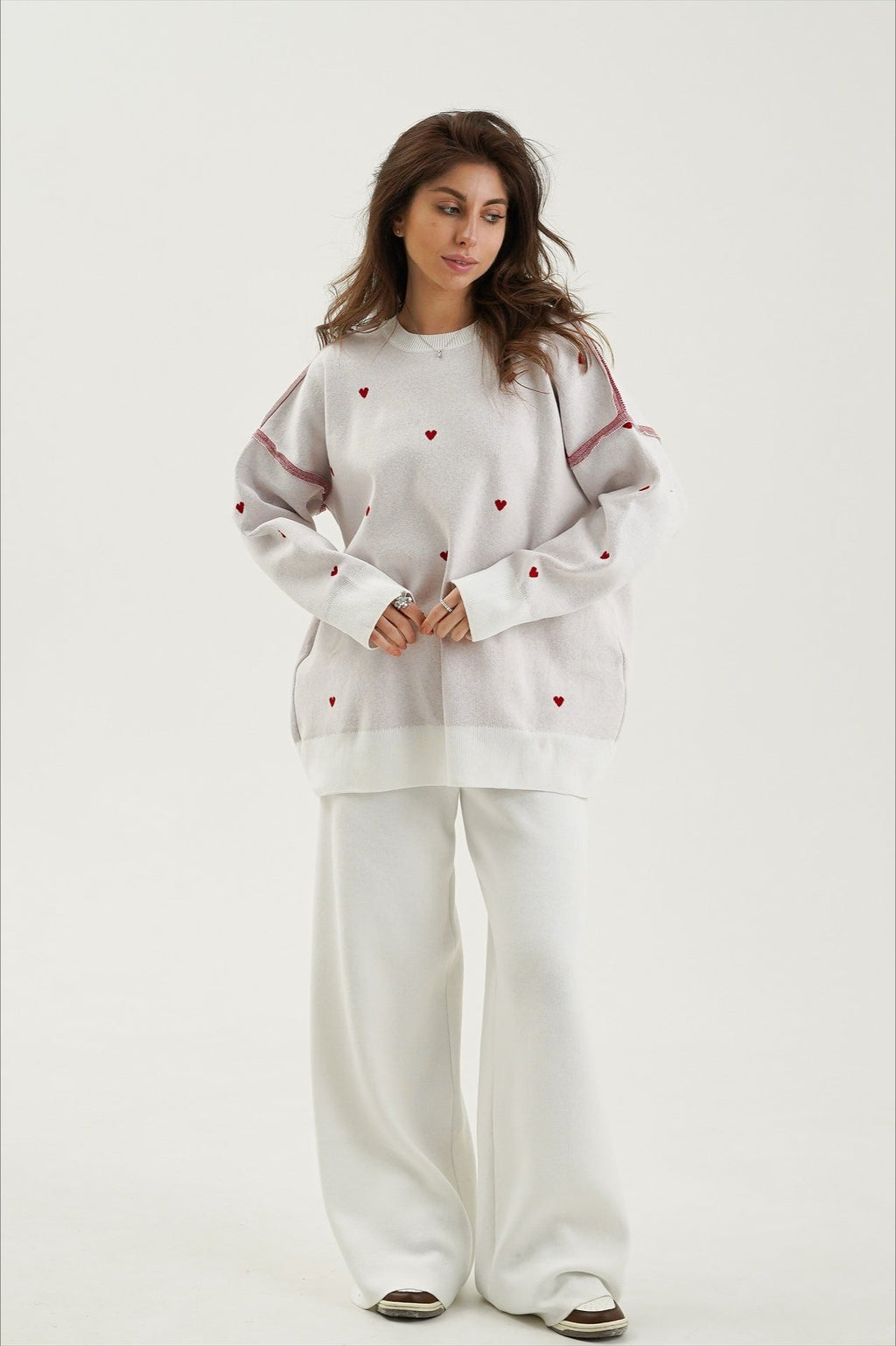 Oversized Heart Print Long Sleeve Knit Sweater