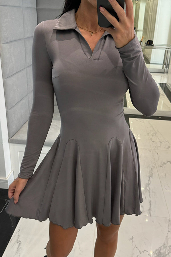 Polo Collar Deep V-Neck Paneled Skater Lettuce Hem Mini Dress