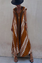Ethnic Geometric Print Cap Sleeve Deep V-Neck A-Line Maxi Dress