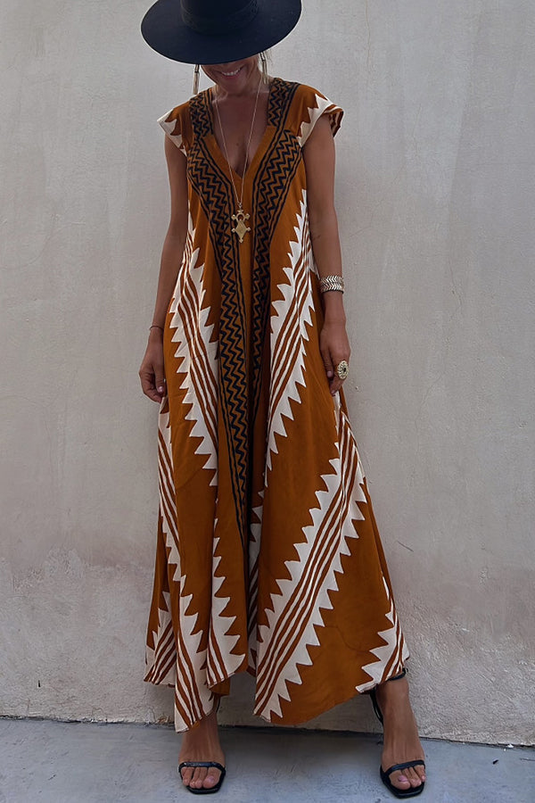 Ethnic Geometric Print Cap Sleeve Deep V-Neck A-Line Maxi Dress