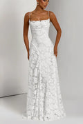 Spaghetti Strap Square Neck 3D Floral Lace Ruched Column Maxi Gown