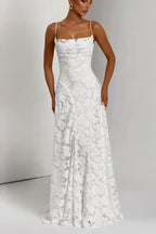 Spaghetti Strap Square Neck 3D Floral Lace Ruched Column Maxi Gown