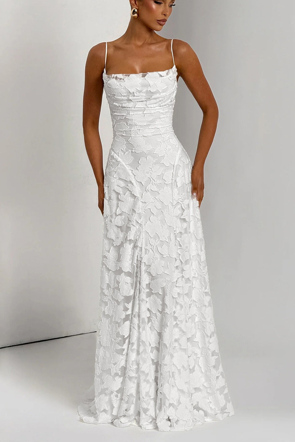 Spaghetti Strap Square Neck 3D Floral Lace Ruched Column Maxi Gown