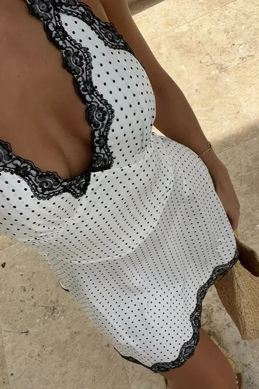 Polka Dot Halter Neck Backless Lace Trim Scalloped Mini Dress