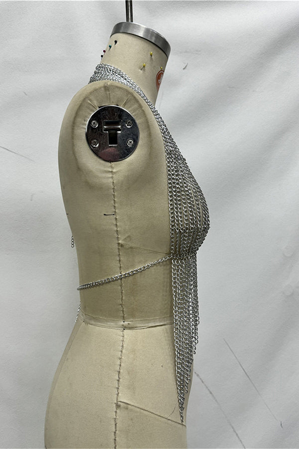 Silver Chainmail Tassel Halter Top Body Chain