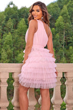 Pink Asymmetric Strapless Tiered Tulle Ball Gown Mini Dress