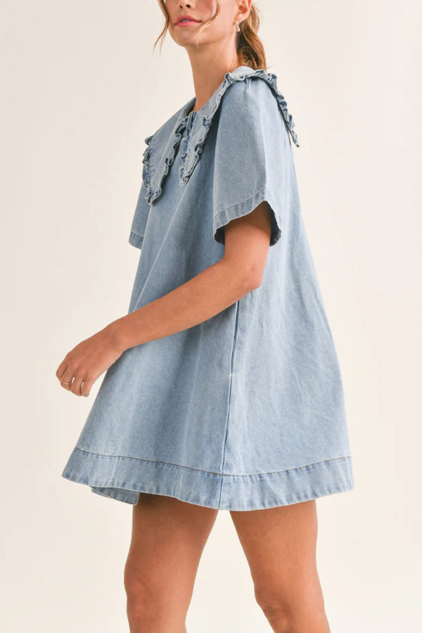 Solid Color Loose Short-sleeved Casual Ruffled Denim Mini Dress