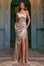 One Shoulder Ruched Waist Slit Sexy Formal Dress
