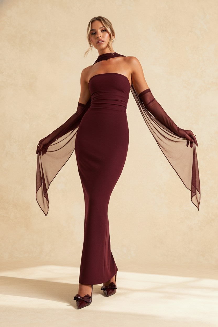 Strapless Ruched Waist Bodycon Maxi Dress Mesh Gloves Scarf Set