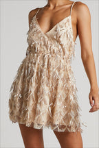Elegant V Neck Sequin Spaghetti Strap Mini Formal Sequin Dress