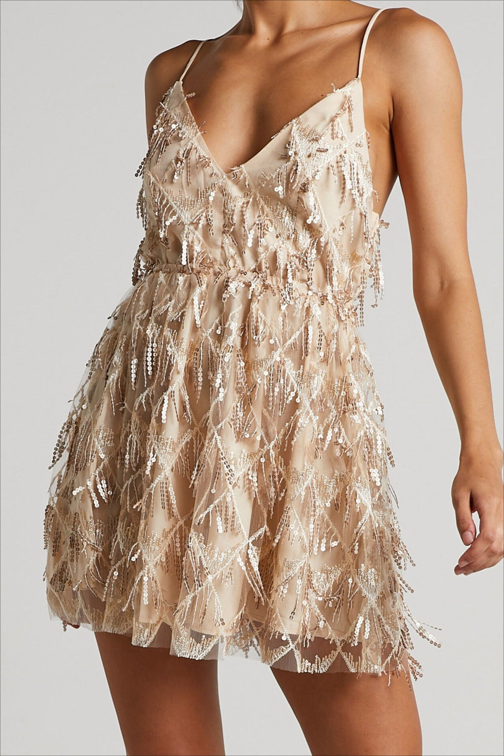 Sequin Fringe Tassel Spaghetti Strap Deep V-Neck Fit and Flare Mini Dress