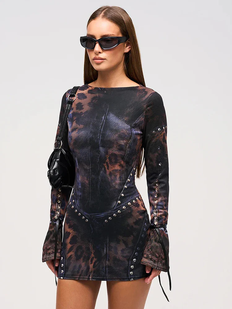 Print Trompe L'Oeil Studded Denim Corset Mini Dress