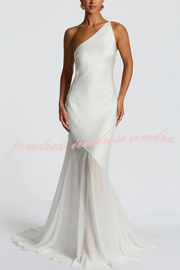 Fable Satin One Shoulder Back Adjustable Straps Contrast Chiffon Hem Maxi Dress