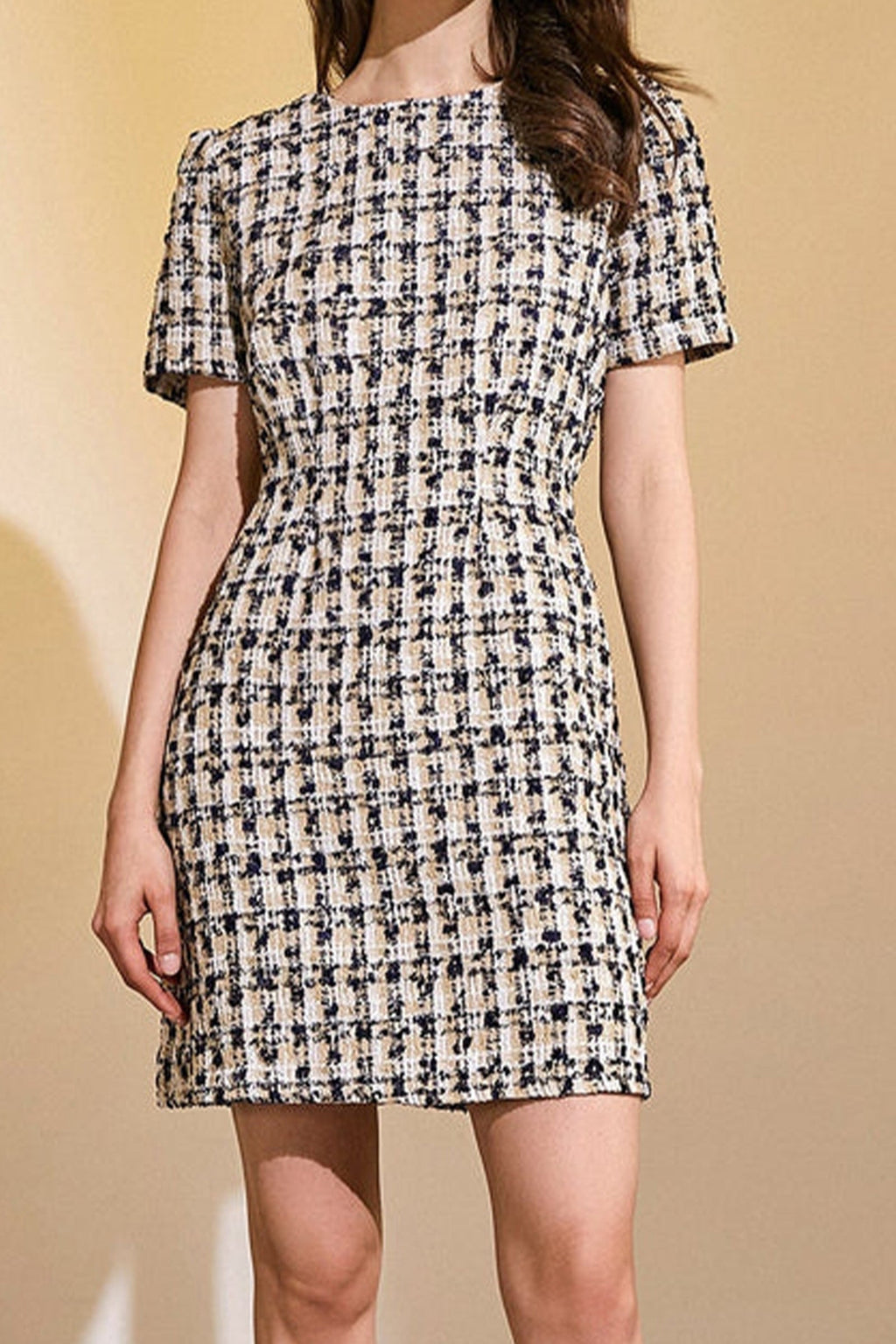 Plaid Tweed Short Sleeve Crew Neck Mini Dress