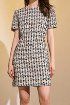 Plaid Tweed Short Sleeve Crew Neck Mini Dress