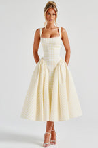 Gingham Square Neck Basque Waist Pleated Fit and Flare Midi Dress