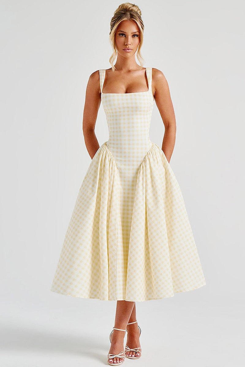 Gingham Square Neck Basque Waist Pleated Fit and Flare Midi Dress