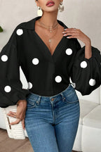 Stylish Polka Dot Print Collared Puff Sleeve Loose Shirt