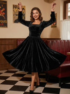 Vintage Glamour Dress 1950s Black Long Sleeves Square Neck Rockabilly Dress
