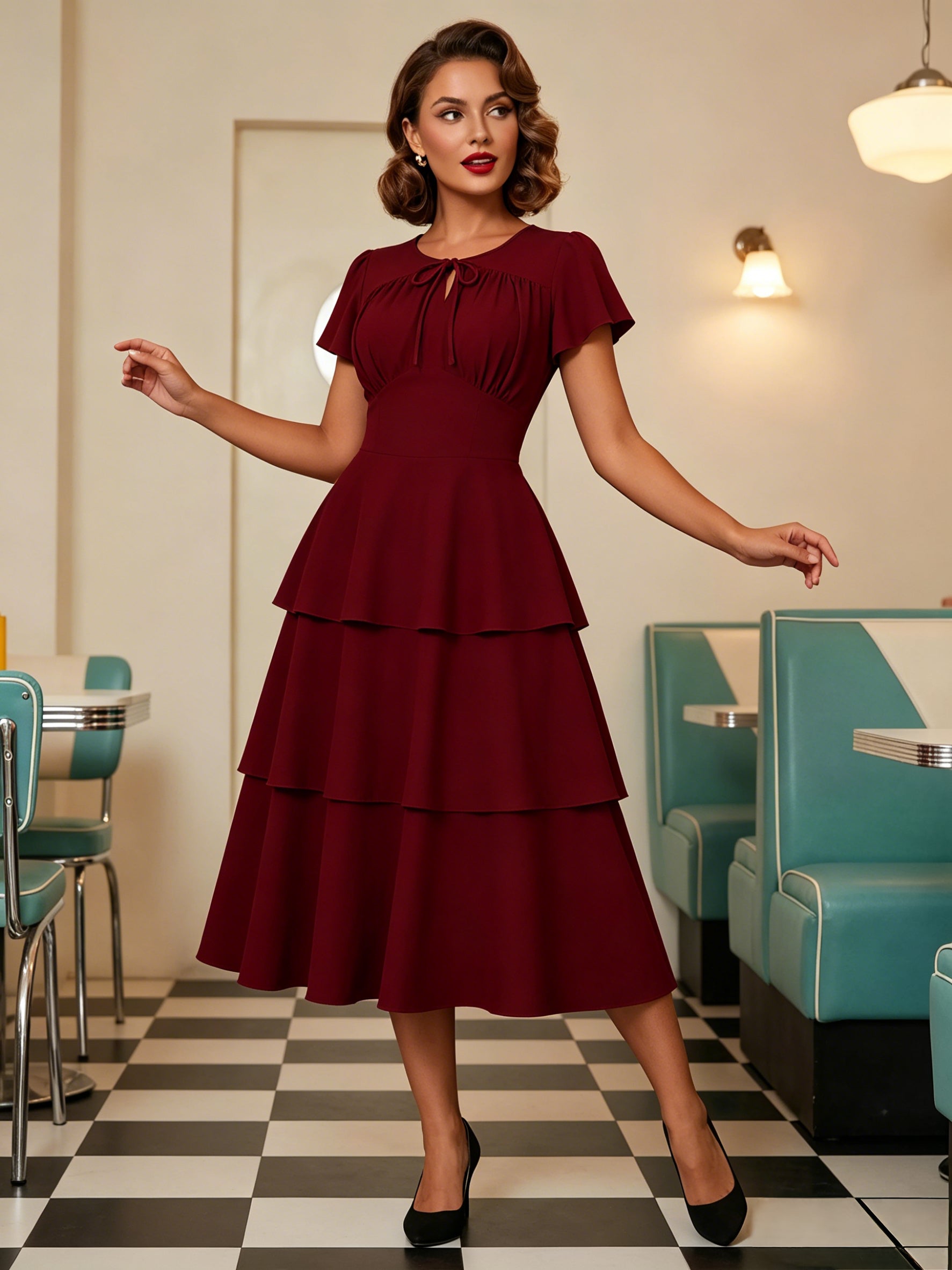 Vintage Dress Women's Elegant Tiered Midi Dress Short Flutter Sleeve Tie Front Fit And Flare Dress
