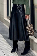 A-Line Double Buckel PU Leather Midi Skirt