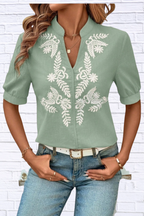 Embroidered Notched Neck Blouse for Women | Black Short Sleeve Floral