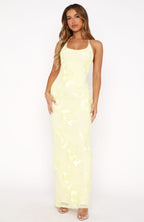 Mesh 3D Floral Applique Halter Neck Sleeveless Bodycon Maxi Dress