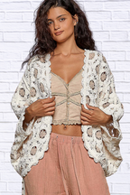 POL Openwork V-Neck Chenille Cardigan with Contrast Floral