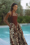 Tropical Leaf Print Halter Square Neck Pocket Maxi Dress