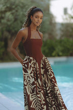 Tropical Leaf Print Halter Square Neck Pocket Maxi Dress
