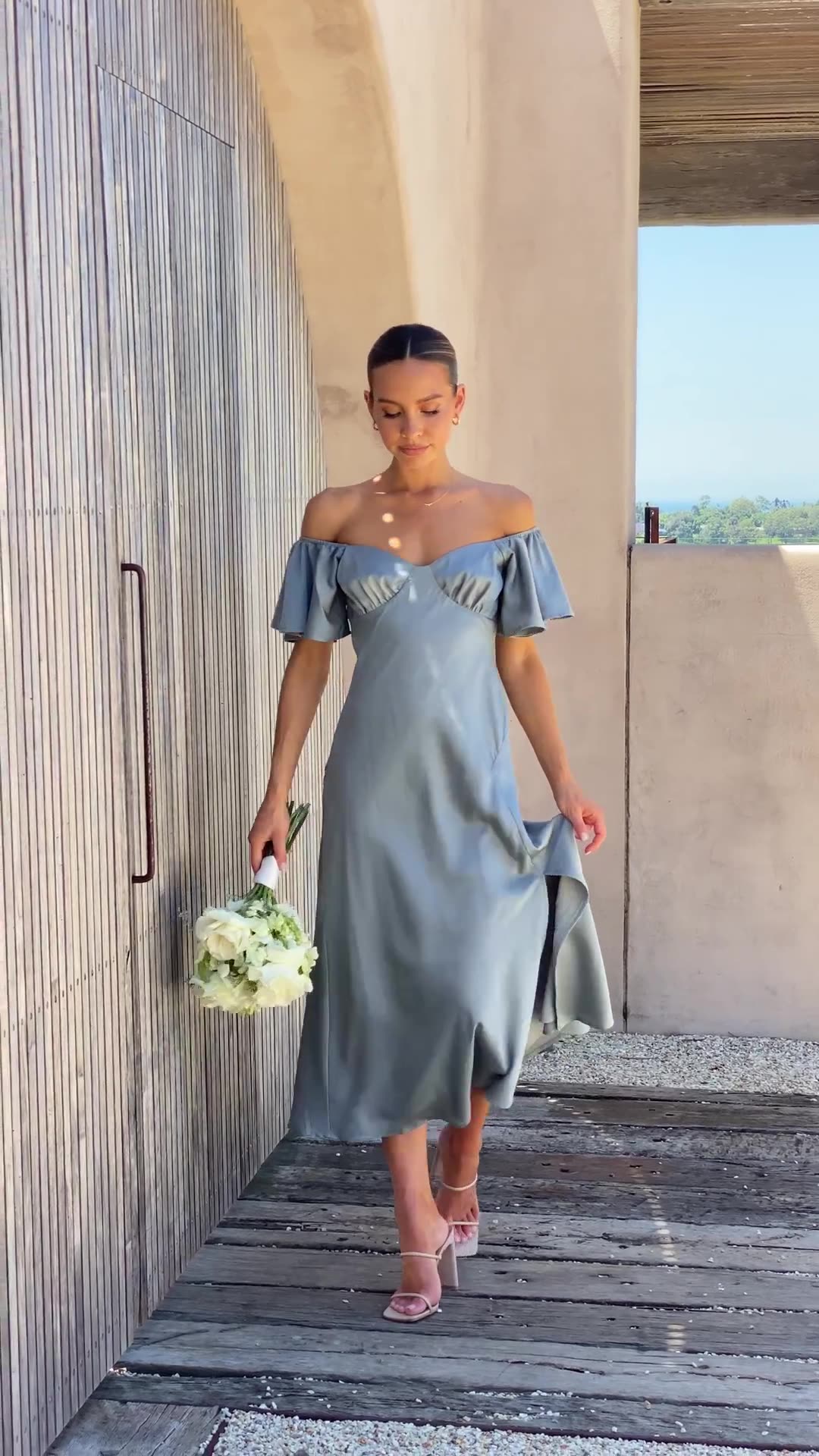 Off Shoulder Sweetheart Neck Flutter Sleeve Satin Bustier Midi Dress
