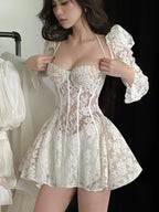 Floral Lace Halter Corset Puff Sleeve Fit and Flare Mini Dress