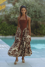 Tropical Leaf Print Halter Square Neck Pocket Maxi Dress
