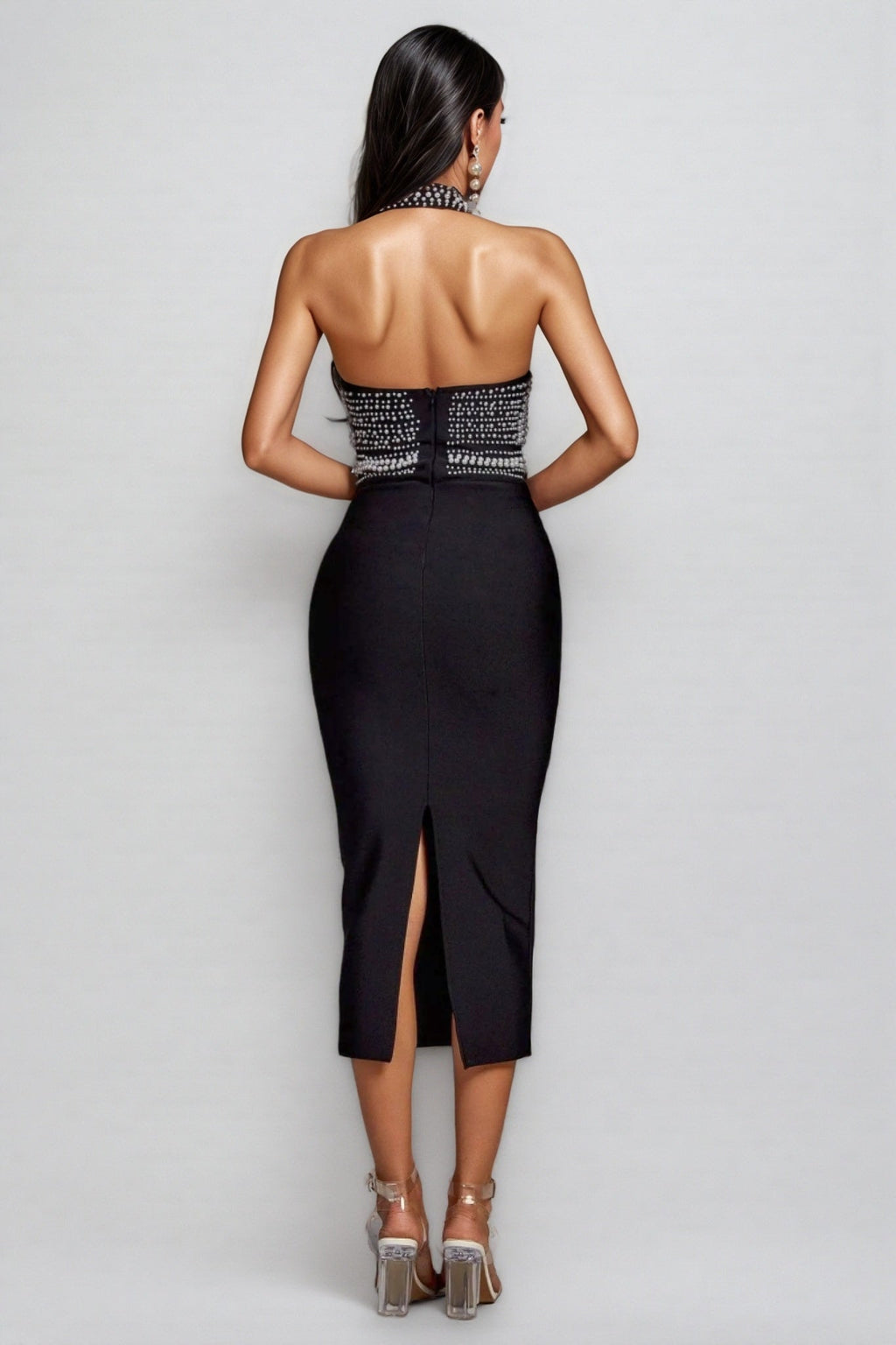 Maia Pearl Halter Bandage Midi Dress - Black